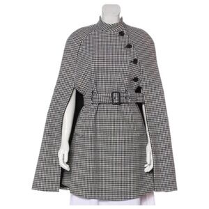 Houndstooth Cape Coat with Belt - Black & White